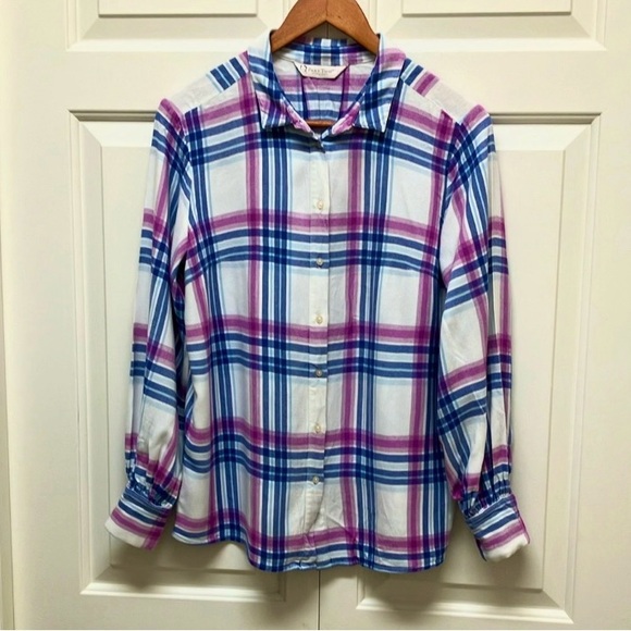 Part Two Copenhagen button up shirt, pink & blue plaid, Petite M - Picture 2 of 8